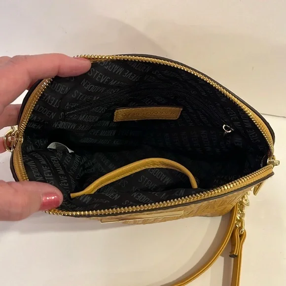 Steve Madden cross body purse faux leather yellow embossed spell out handbag - Picture 12 of 16